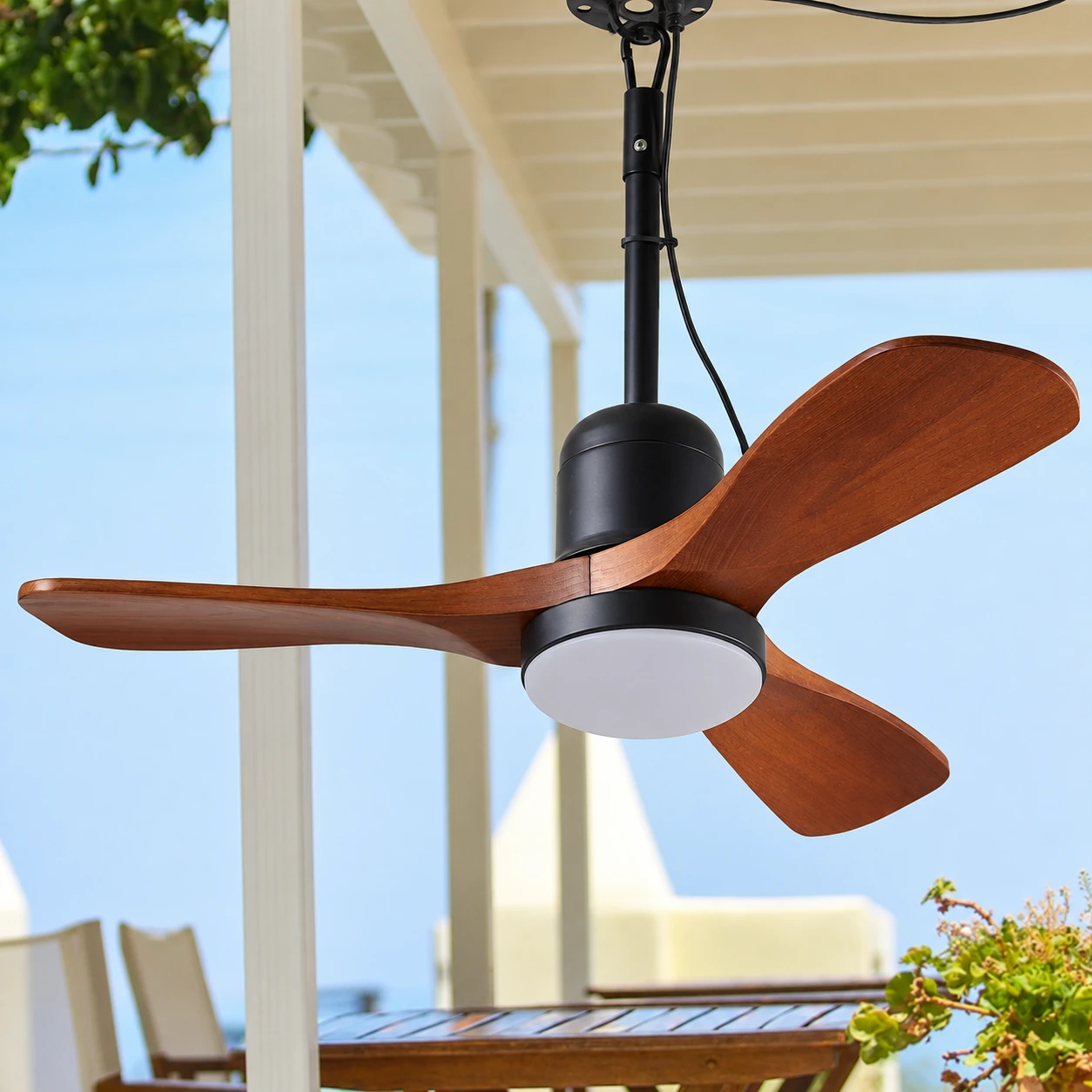 F235 Wood Gazebo Fan Light, 34" · Walnut & Black · With light