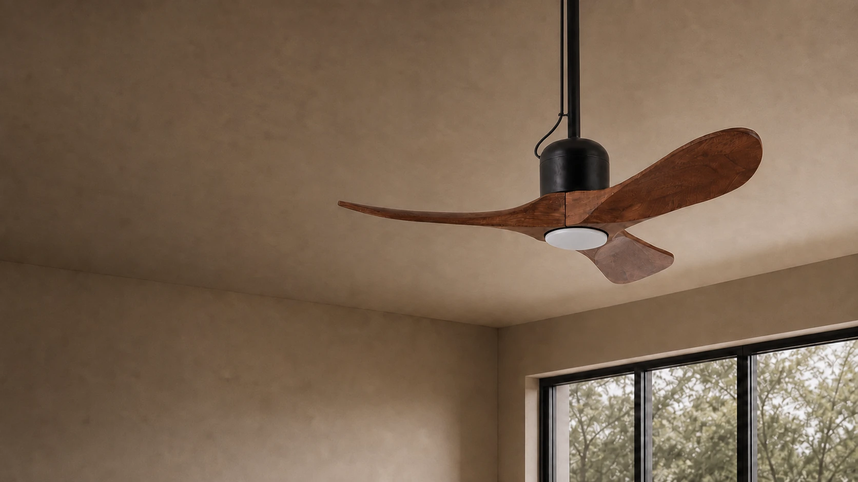 Linher F257 sculpted wood fan light in a quiet room, light off