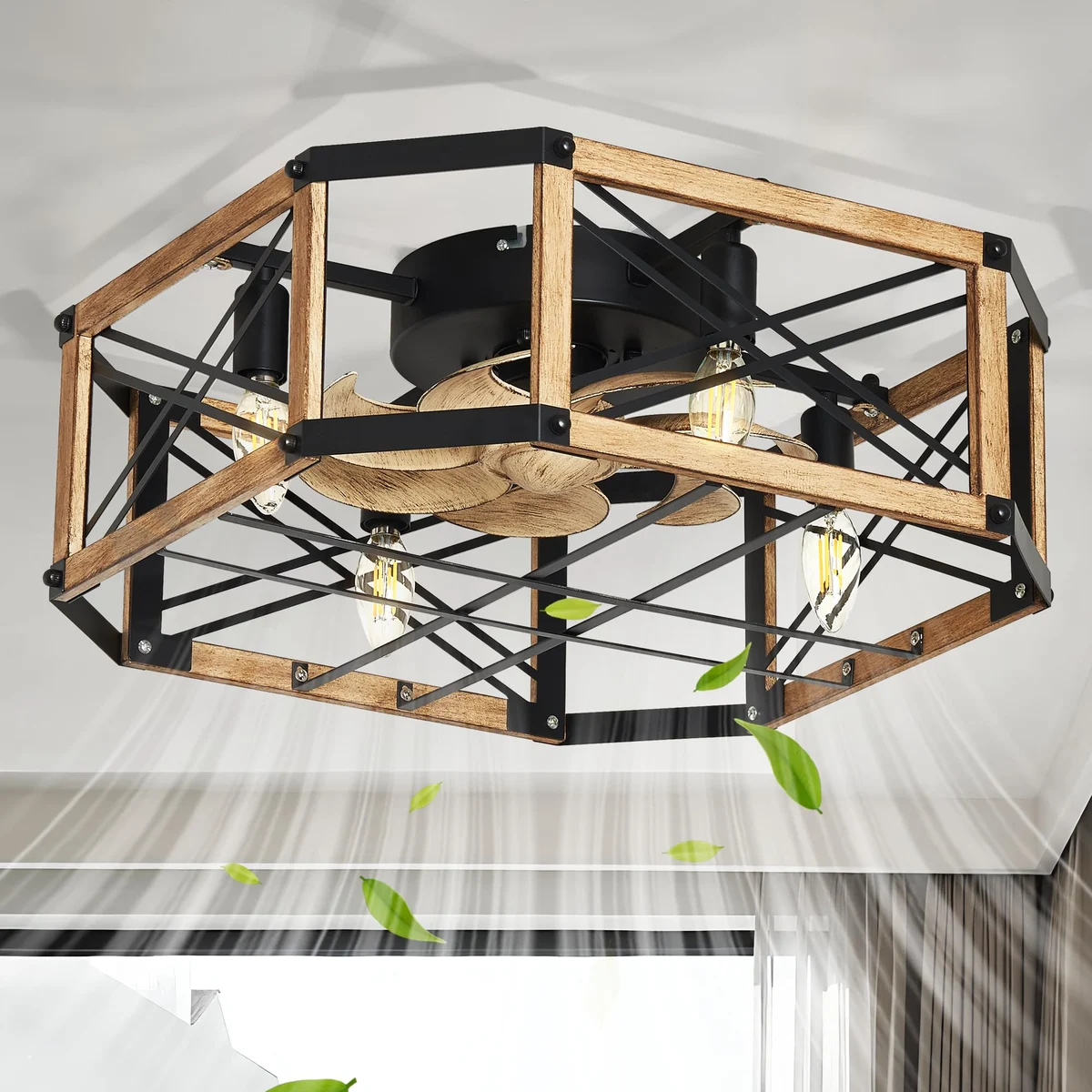 F232 Geometric Caged Fan Light, 21" · Wood Grain