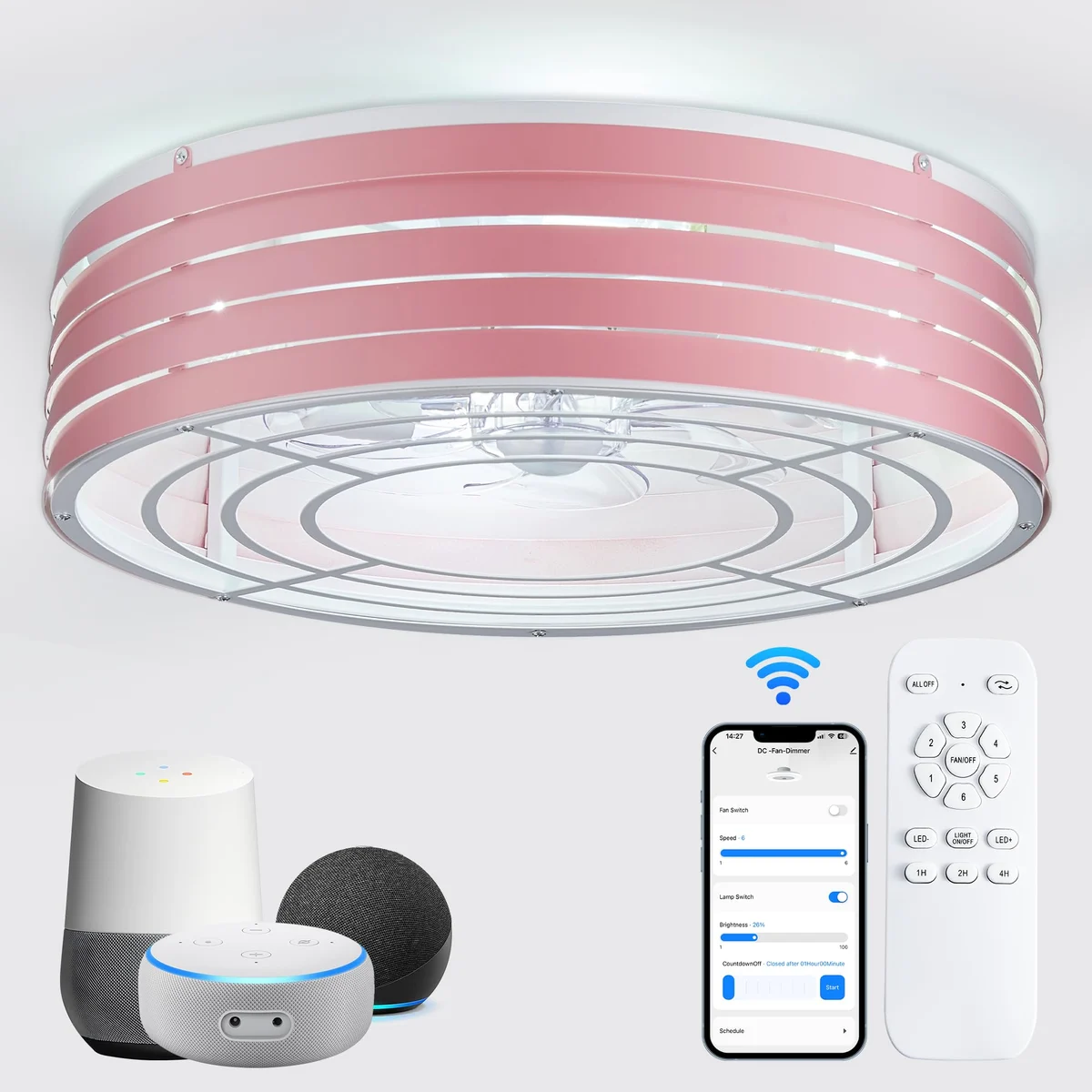 Linher F231 Smart Round Fan Light, 20 inch, Pink
