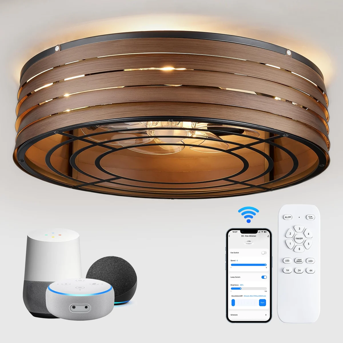 Linher F231 Smart Round Fan Light, 20 inch, Black Walnut