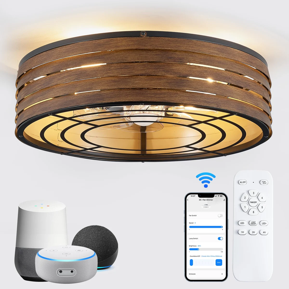 Linher F231 Smart Round Fan Light, 20 inch, Wood Grain
