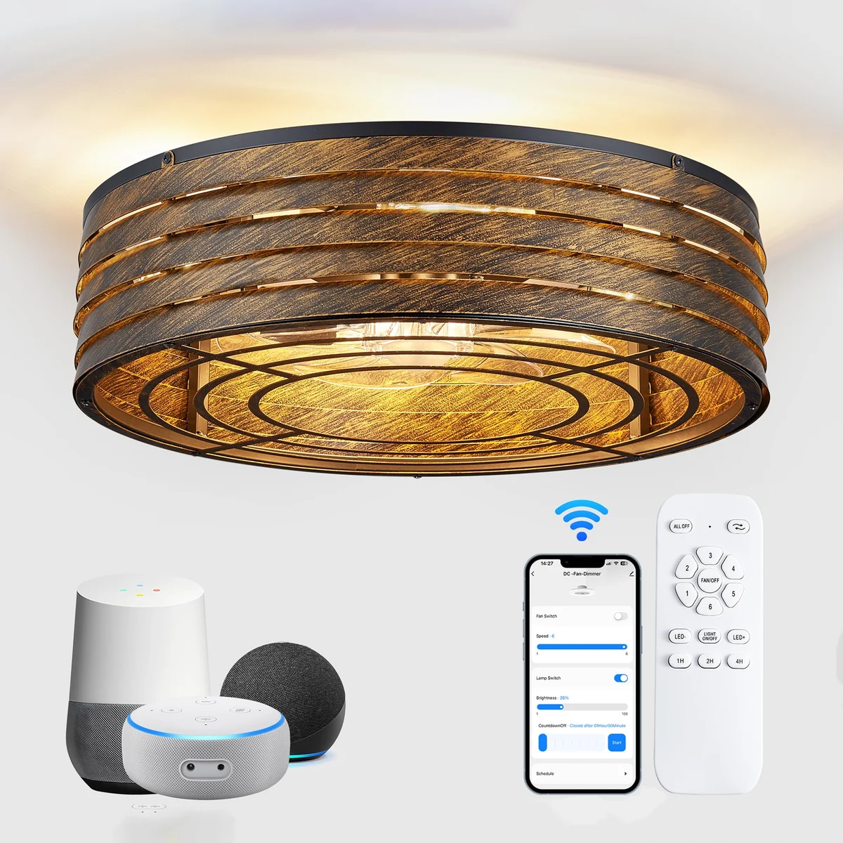 Linher F231 Smart Round Fan Light, 20 inch, Bronze