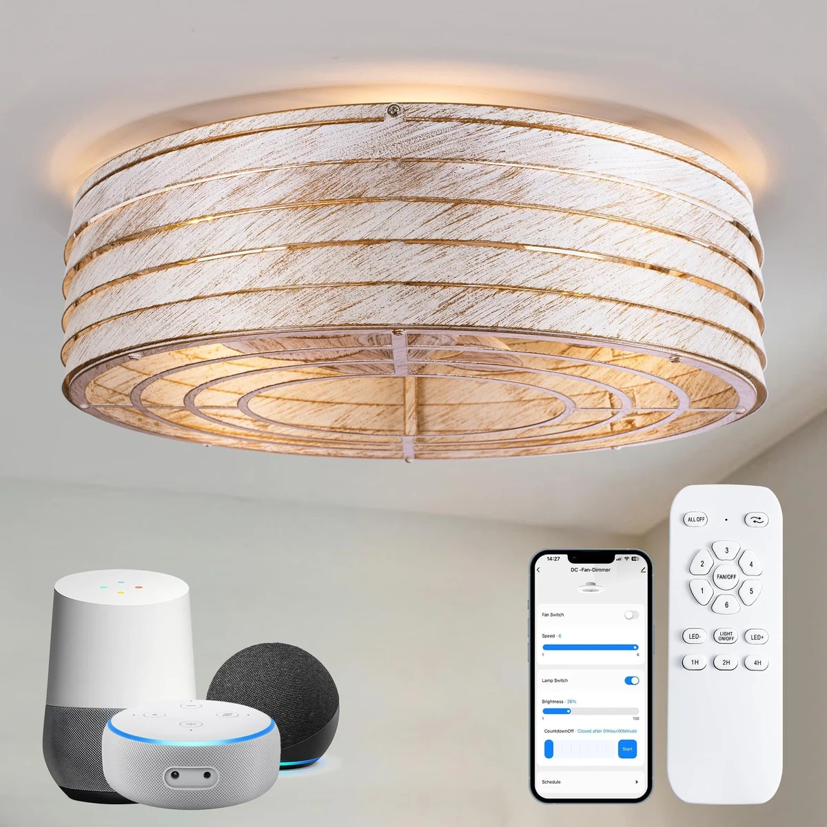 Linher F231 Smart Round Fan Light, 20 inch, Distressed White