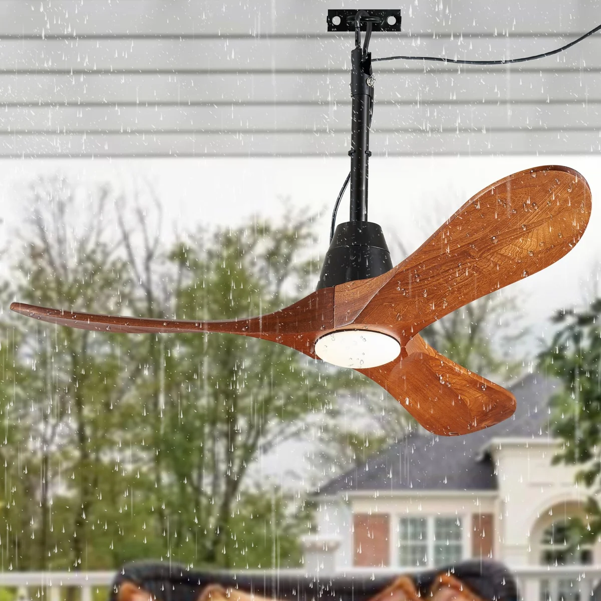 F247 Sculpted Wood Fan Light, 42" · Walnut & Black · With light