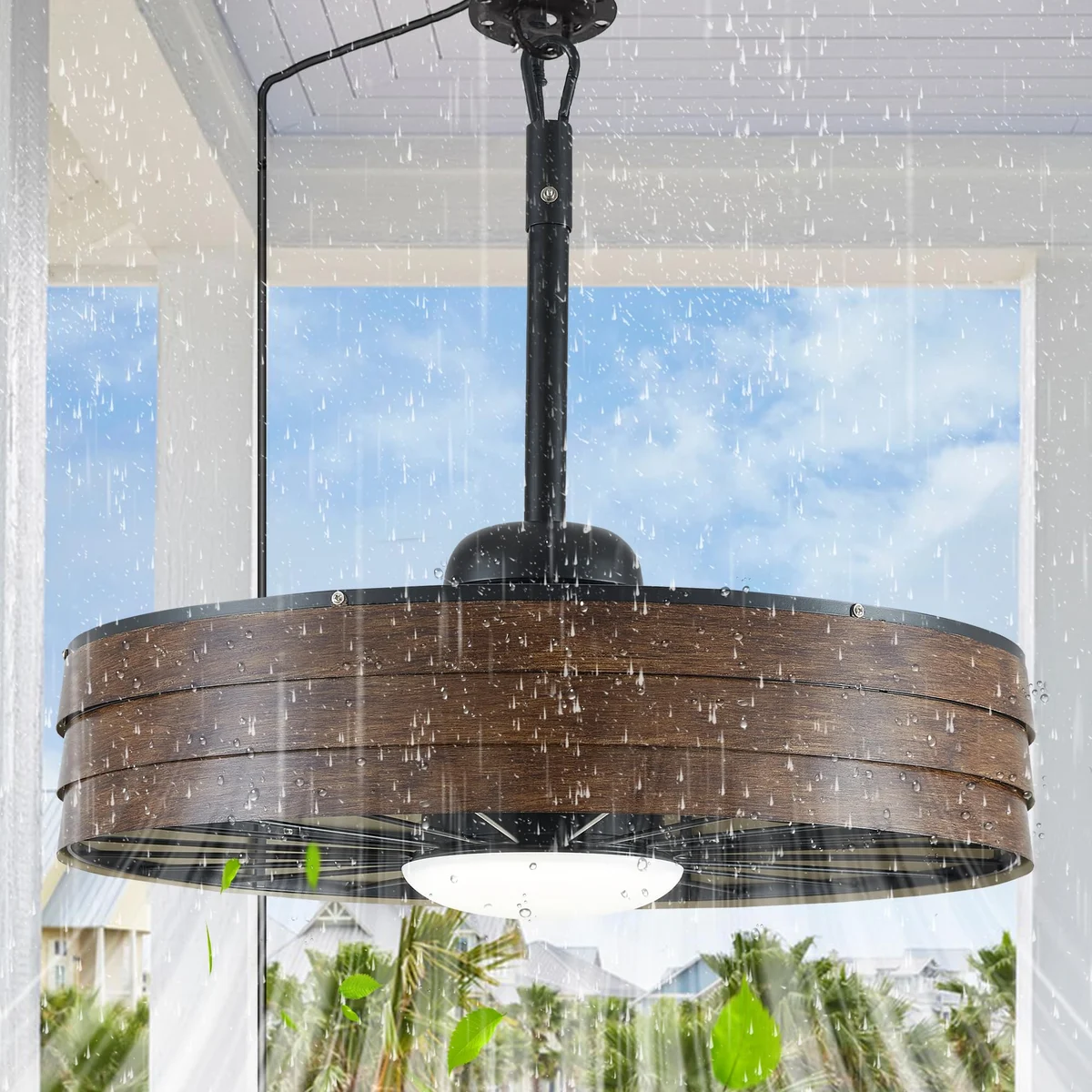 F231 / Outdoor Round Caged Fan Light, 24" · Black · With light
