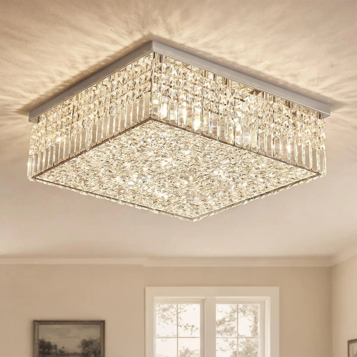 A252 Square Crystal Ceiling Light, 20" · Chrome