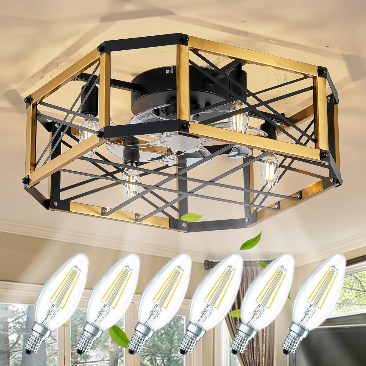 Linher F232 Geometric Caged Fan Light, 21 inch, Black & Gold