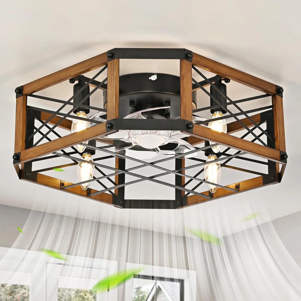 Linher F252 Square Caged Fan Light, 21 inch, Black Walnut