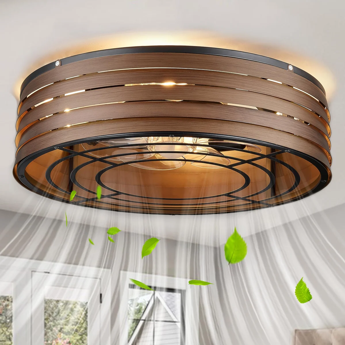 Linher F251 Round Caged Fan Light, 20 inch, Black Walnut