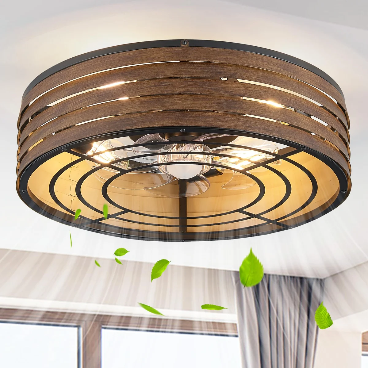 Linher F251 Round Caged Fan Light, 20 inch, Wood Grain