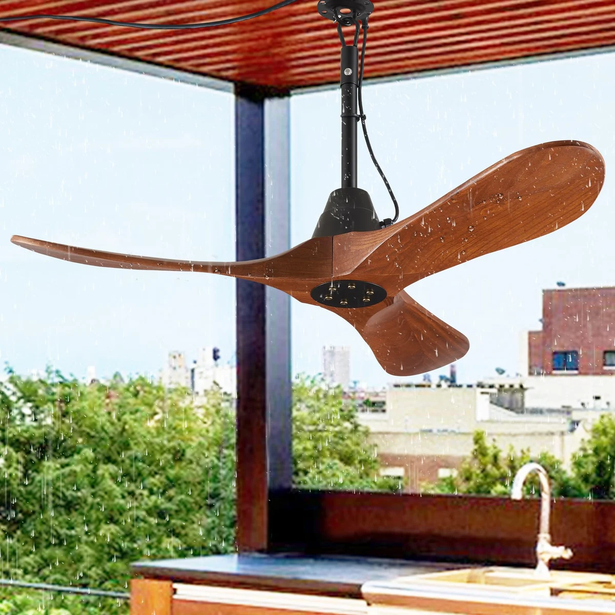 F257 Sculpted Wood Ceiling Fan, 42" · Walnut & Black · Fan only