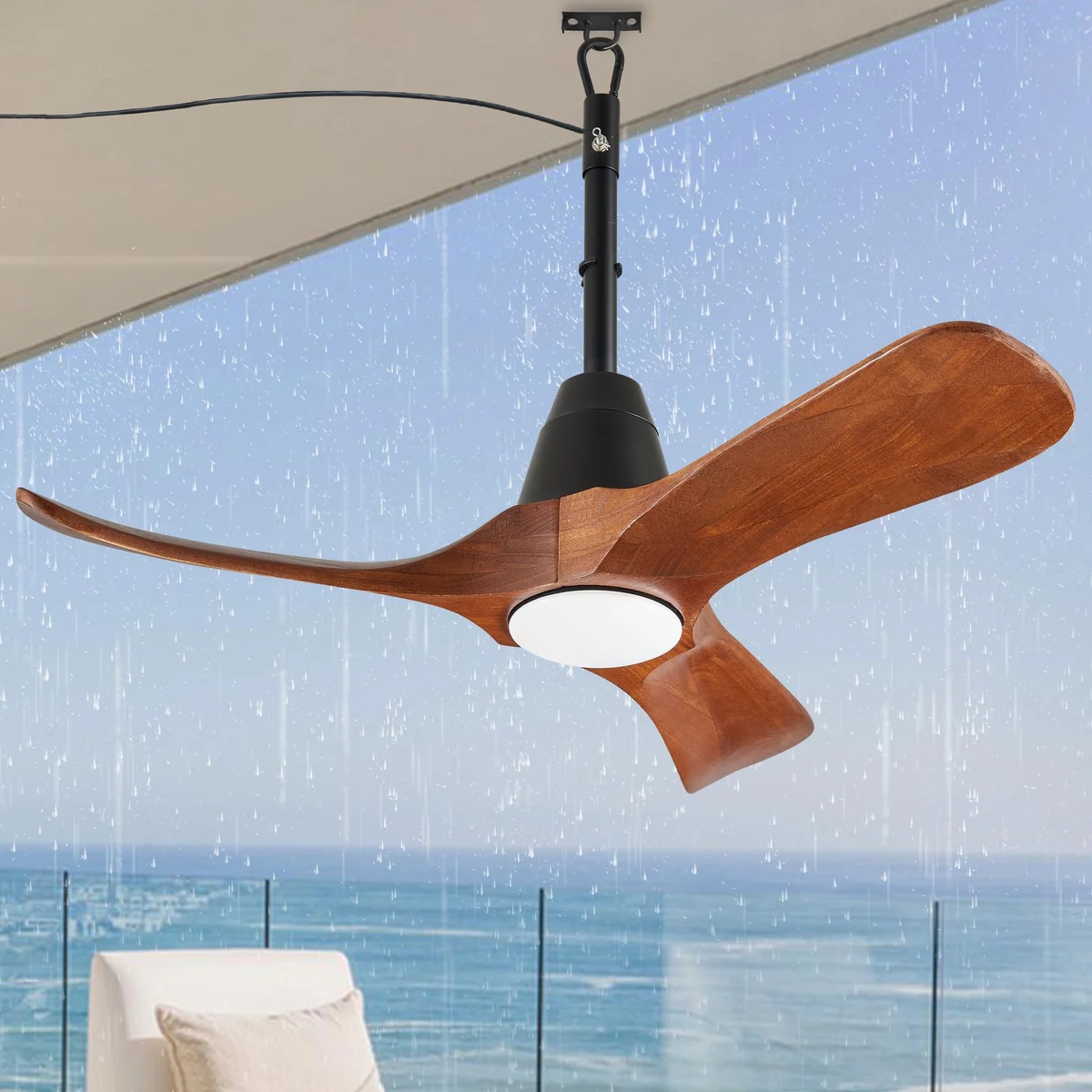 F256 Wood Ceiling Fan, 34" · Walnut & Black · With light