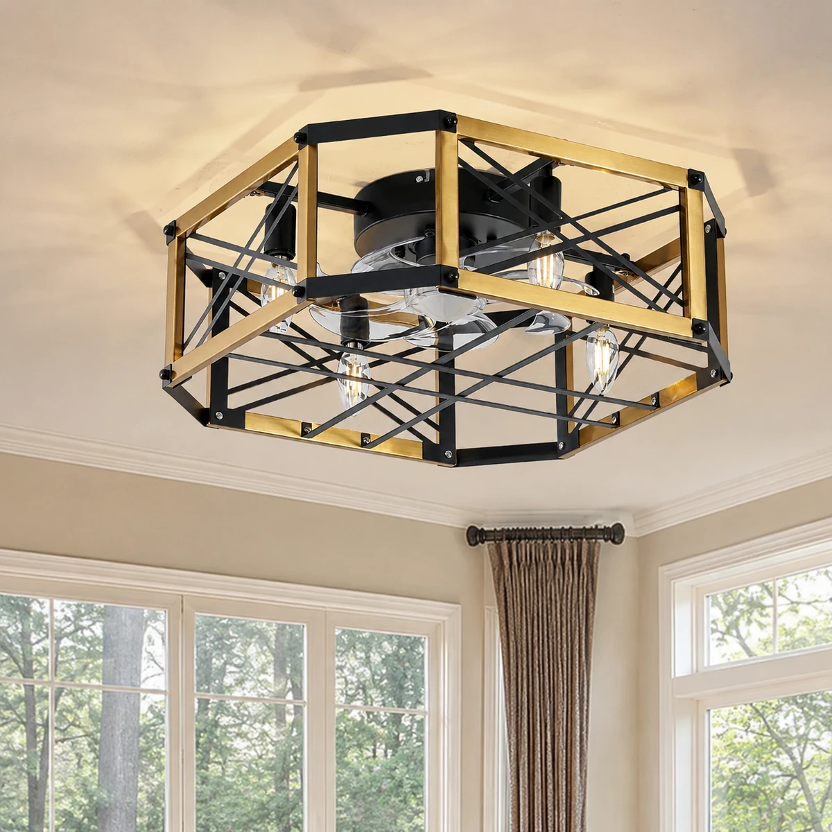 F232 / Bulb bundle Geometric Caged Fan Light, 21" · Black & Gold · Bulb bundle